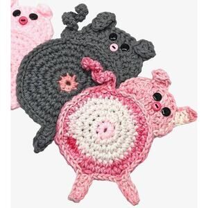 Crochet Pig Butt Coasters Hand Crafted Set of Two Peeking Piggy Table Mug Rug